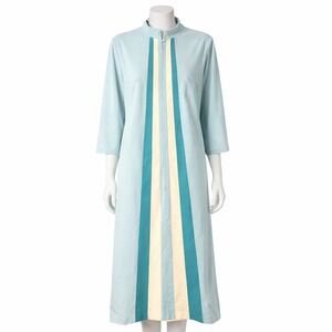 Vintage 70s Waverly Loungewear Zip Front House Dress Pastel Blue Midi Robe Retro